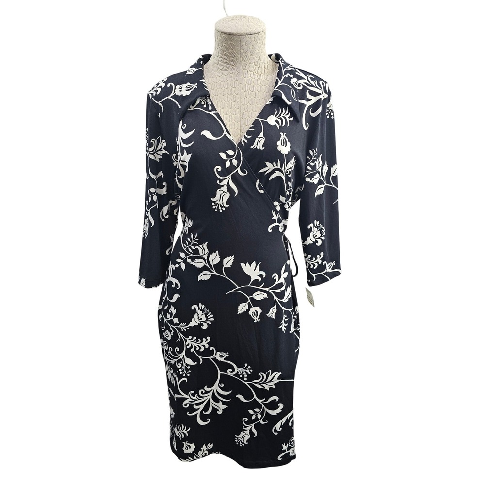Moa Moa Wrap Dress Large Black White Floral Collared Long Sleeve Knee Length NEW